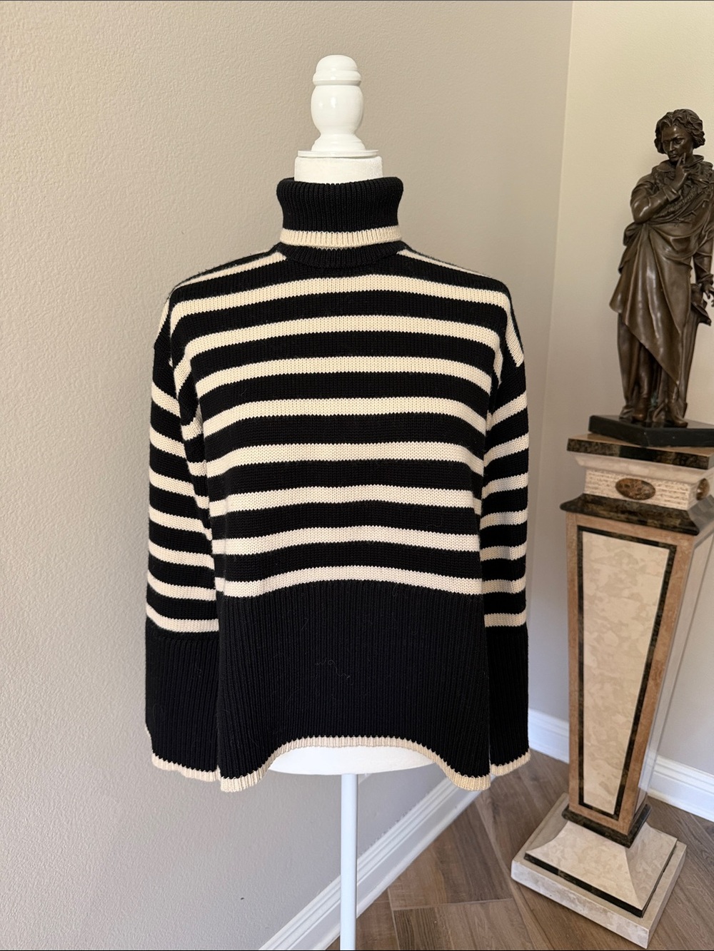 Totême Black and Cream Striped Turtleneck Sweater